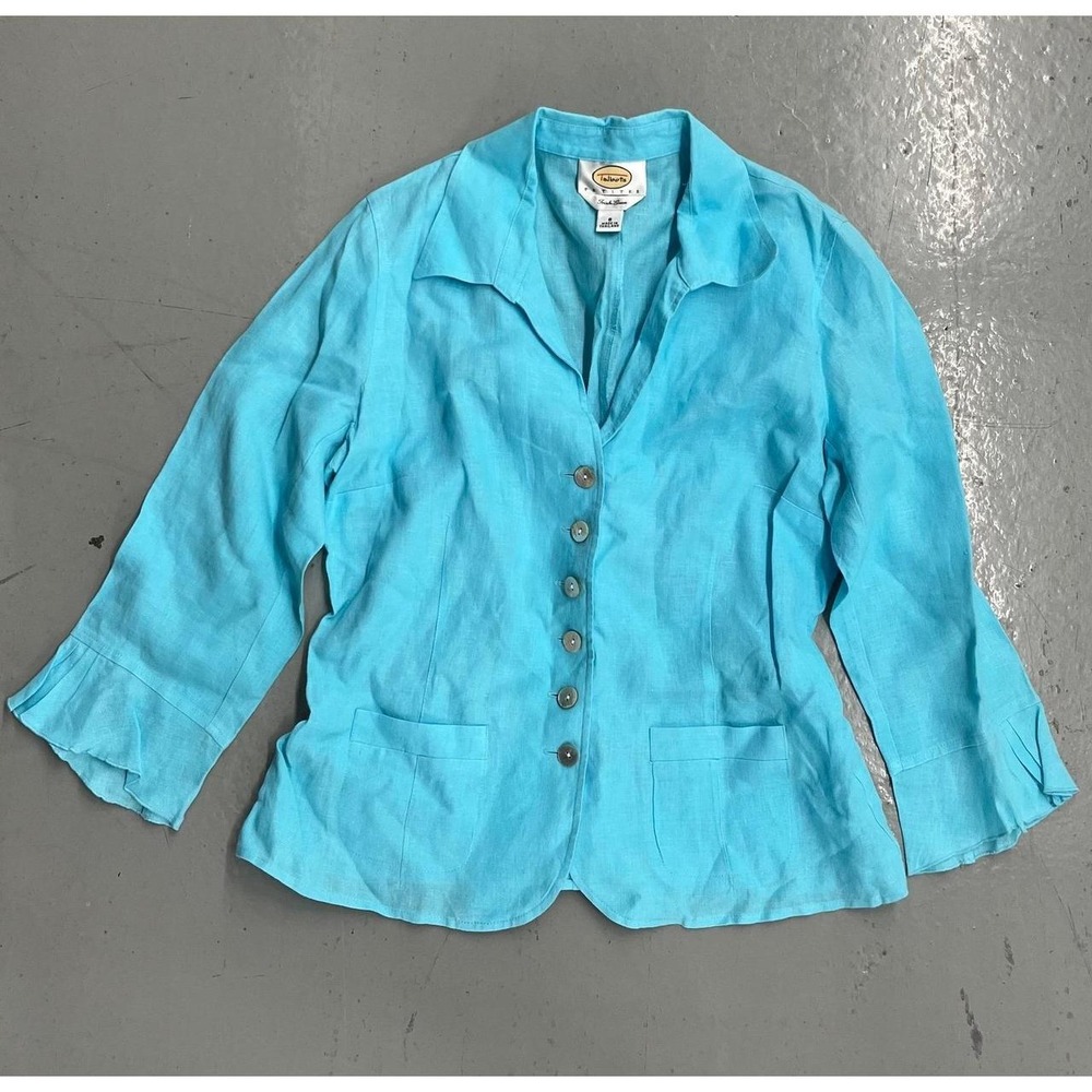 NWOT Talbots 100% Irish Linen Lightweight Aqua Button Shirt Pocket Blazer